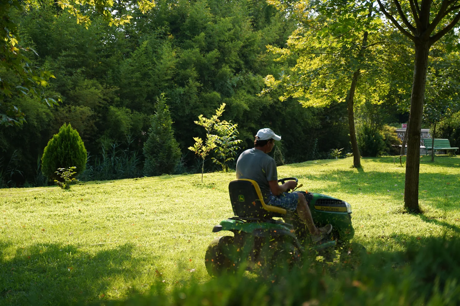 Landscaper mowing a green lawn